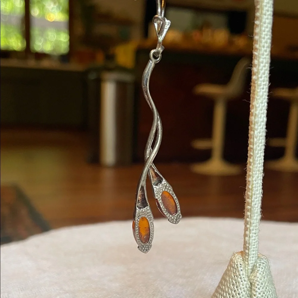 Handmade Sterling Silver and Baltic Amber organic floral hook back drop earrings - Picture 8 of 11